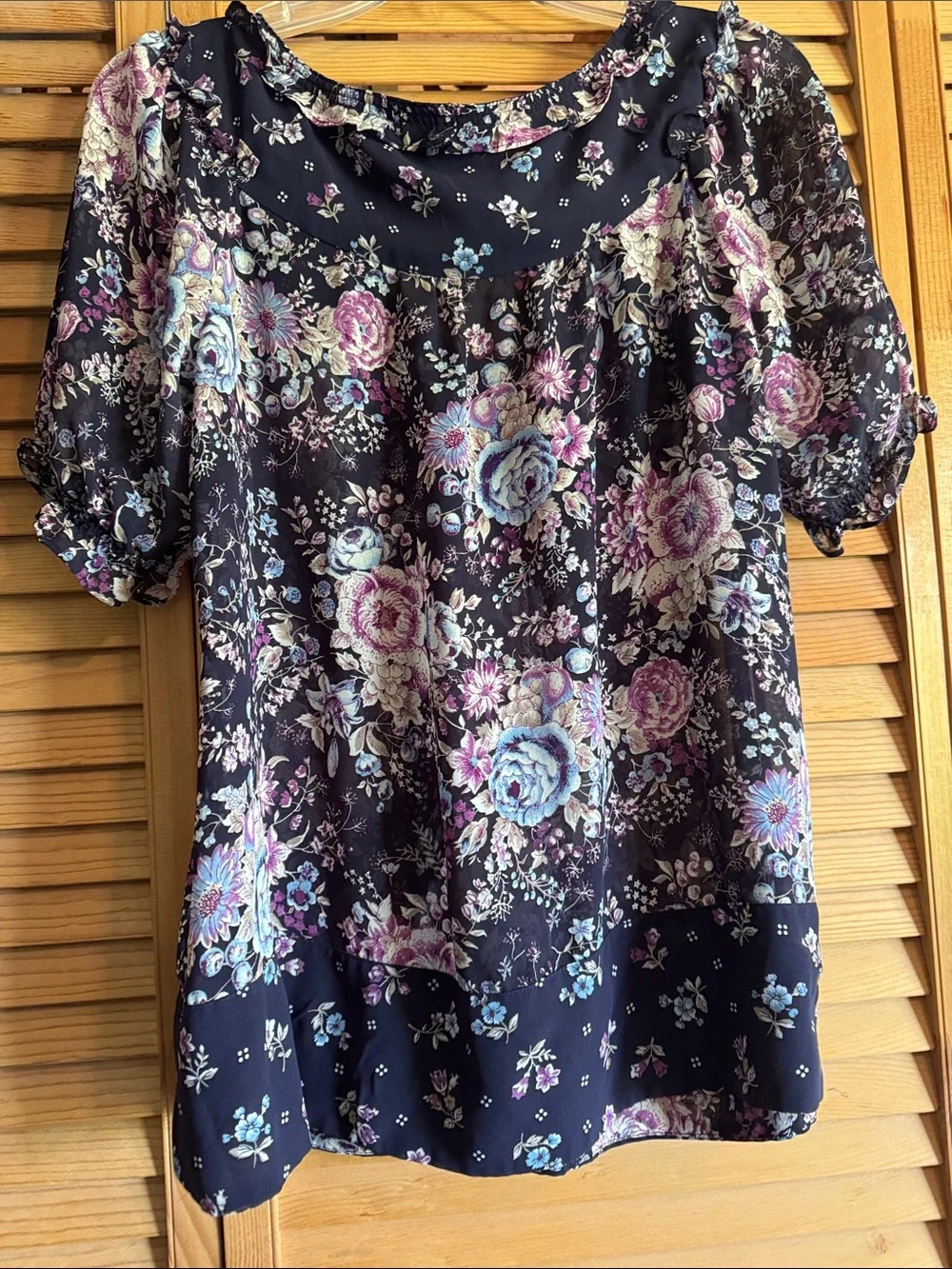 LOFT Navy Floral Puff-Sleeve Peasant Blouse
